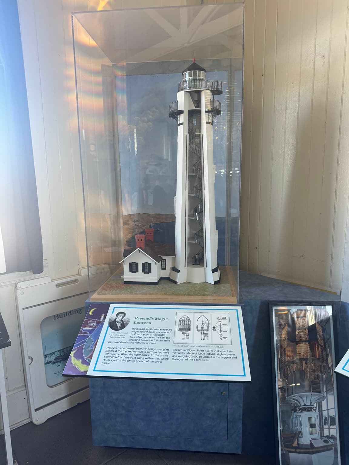 Museum cutaway model of Pigeon Point’s tower showing its spiral staircase and lantern room