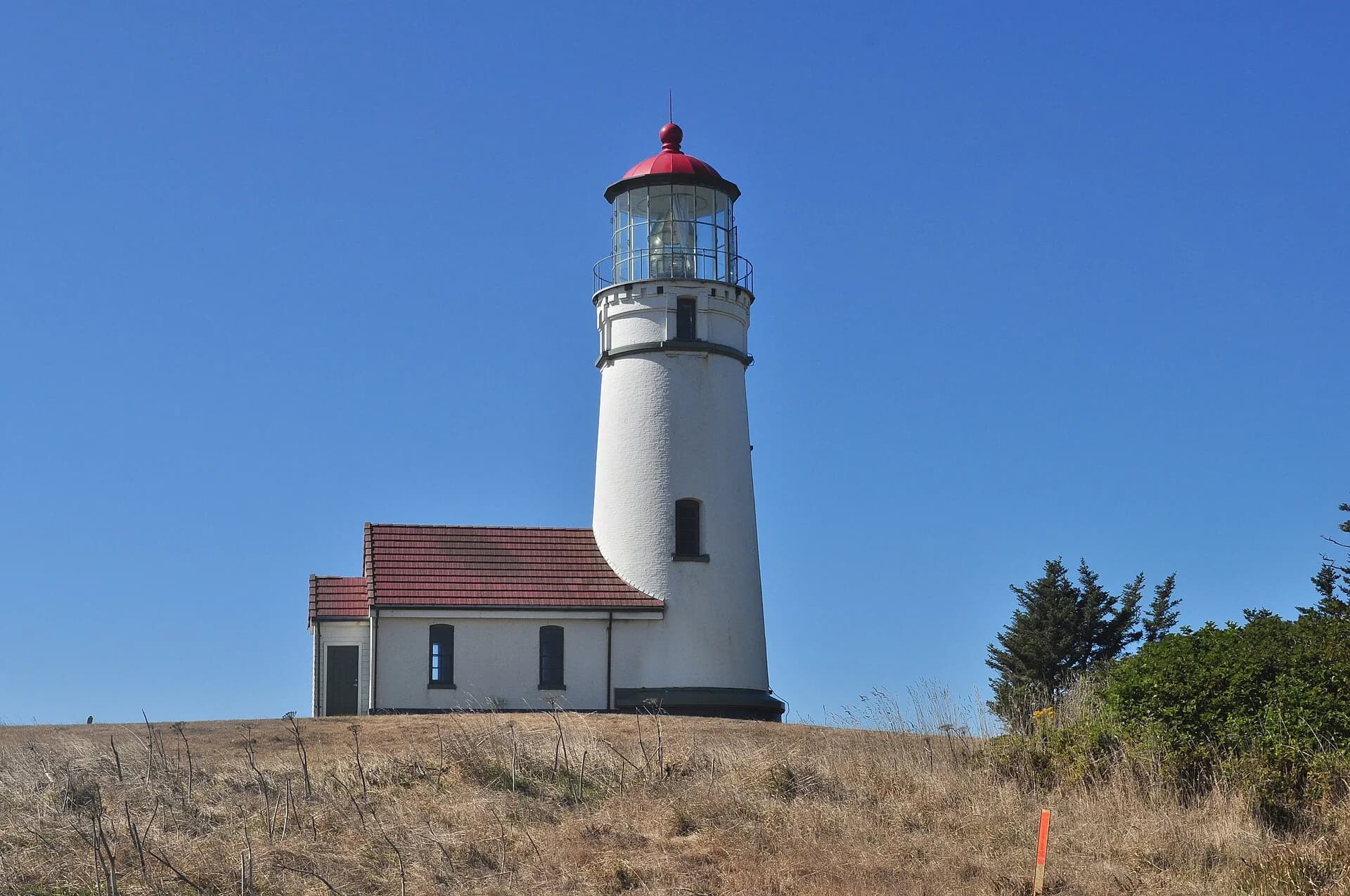 White Cape Blanco lighthouse tower with a red roof above dry grass.