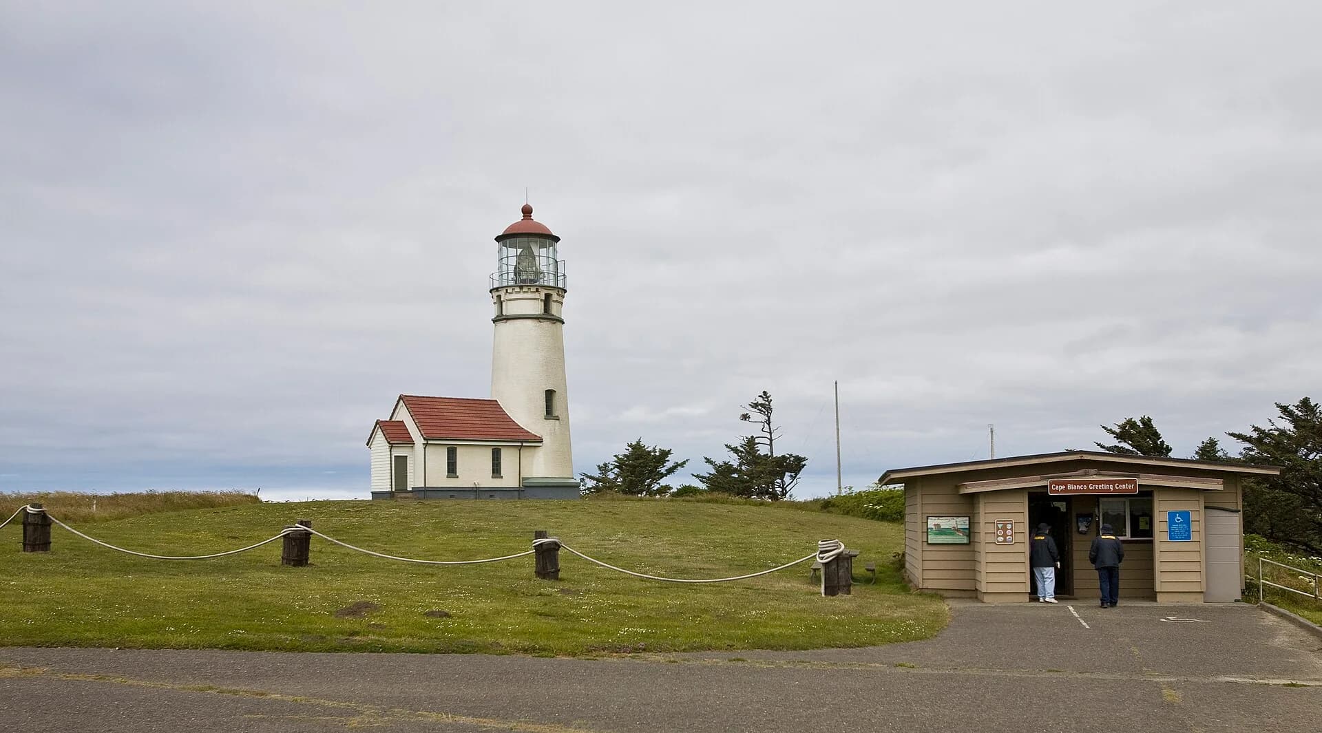 Wide view of the Cape Blanco headland with the lighthouse standing at the far end of the point.