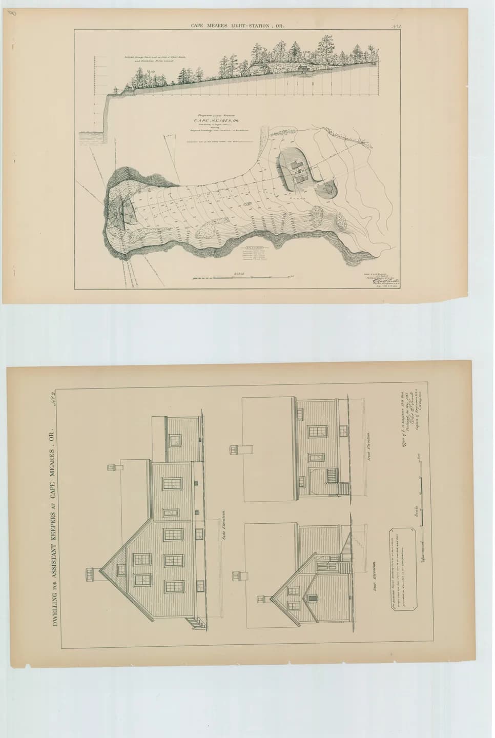 Archival sheet showing a station plan above elevations of an assistant keeper dwelling.