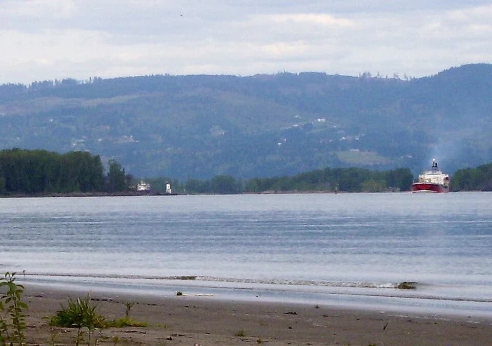Small lighthouse seen from a distance along a wide river with two cargo ships passing behind it.